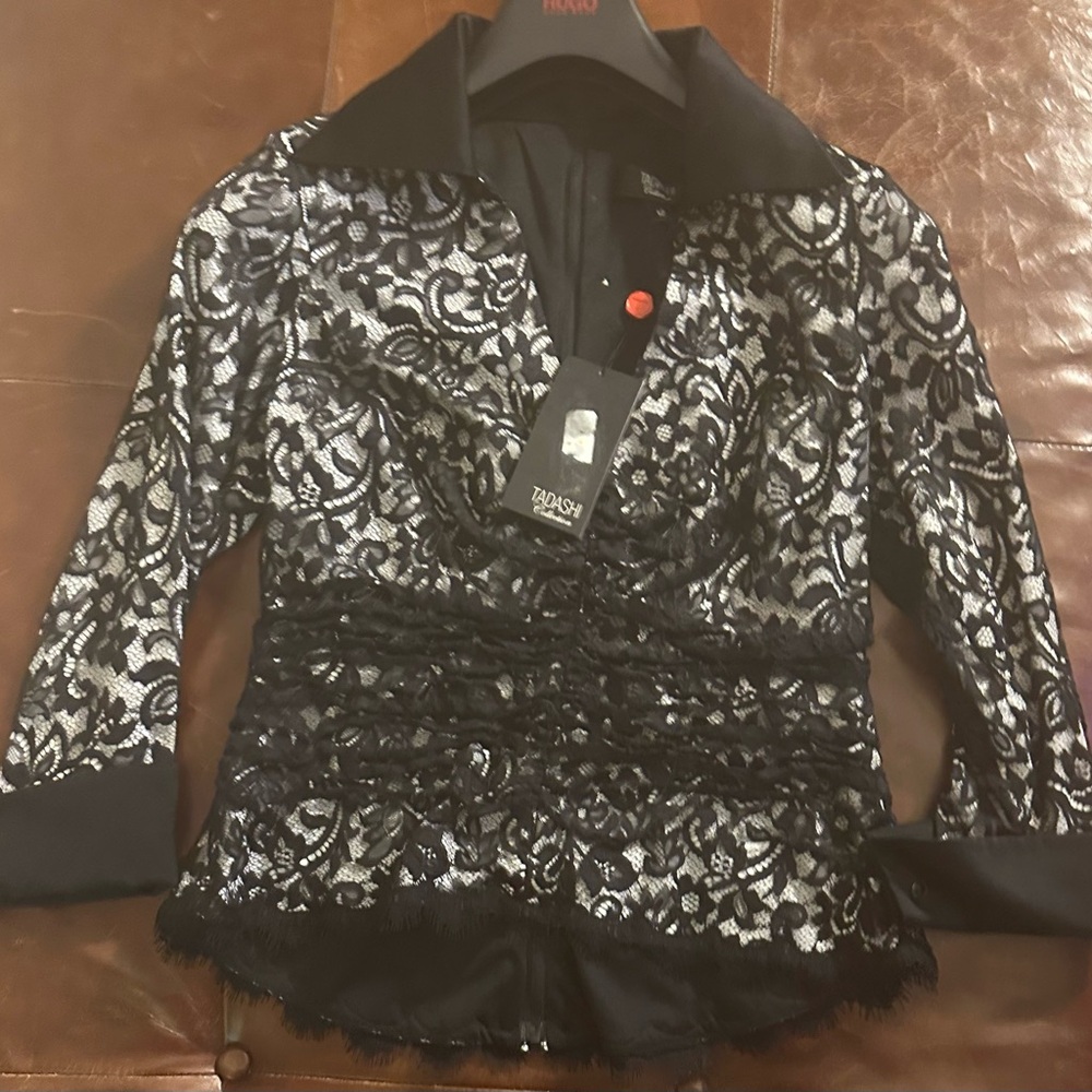 Tadashi Shoji Black and Silver Lace Top